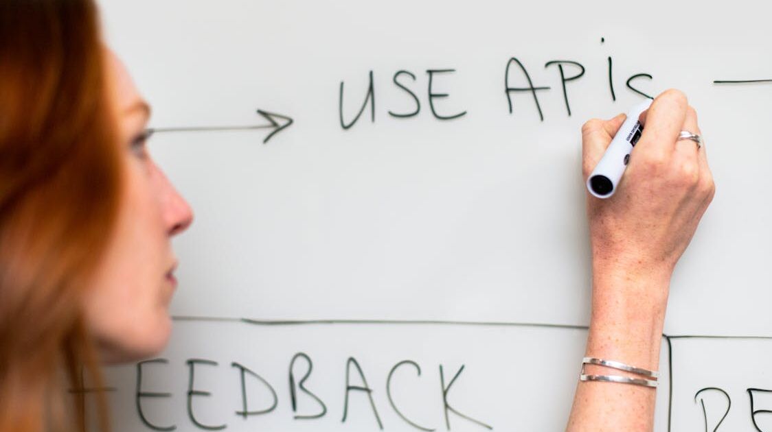 Whiteboard mit App-Hinweis, Symbol für Plattformregeln und Prüfprozesse
