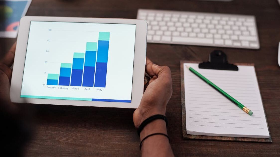 Tablet mit Diagramm und Notizen, Symbol für Score-Auswertung und Transparenztests