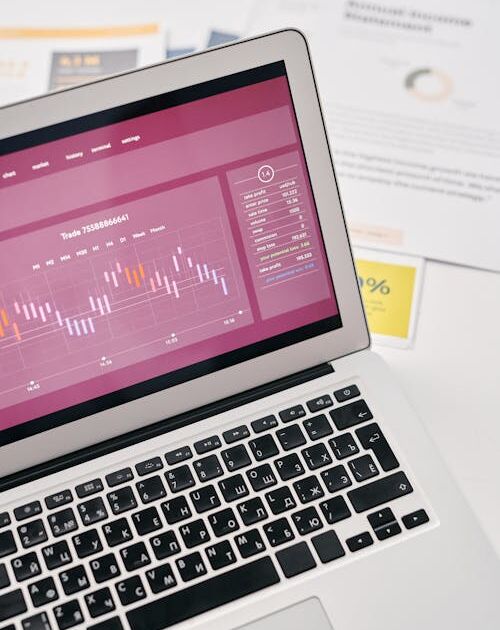 Laptop mit digitalem Interface, Symbol für Plattformmetriken und Profilbildung